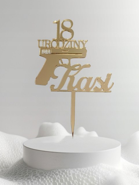 Topper na tort dekoracja plexi lustrzany urodziny pistolet broń