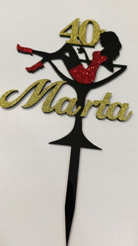 Topper na tort kobieta w kieliszku kobieta na tort cyfra imię brokatowy